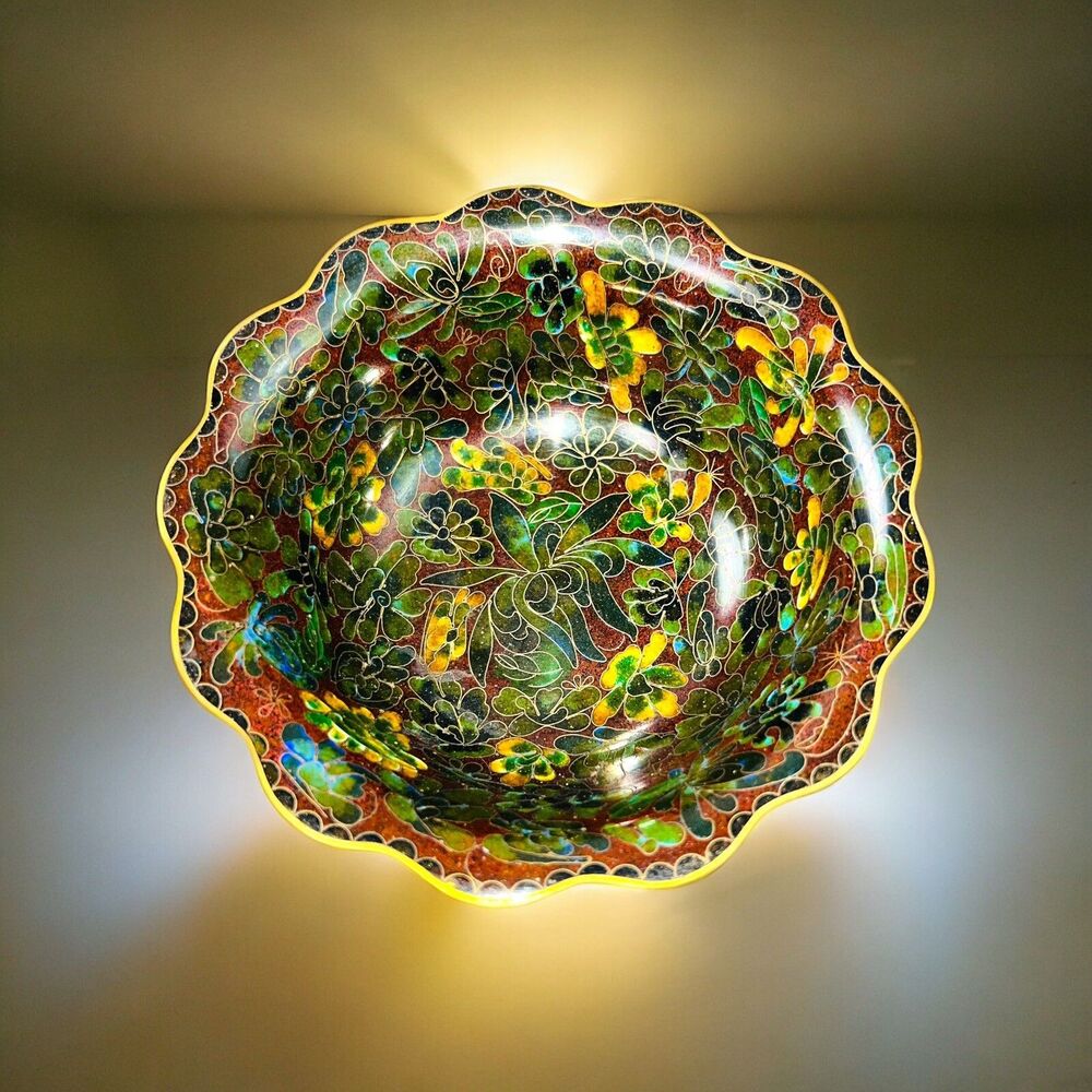 Antique Asian Cloisonné Bowl 6" Red Green Yellow Scalloped Gold Edge w/Stand